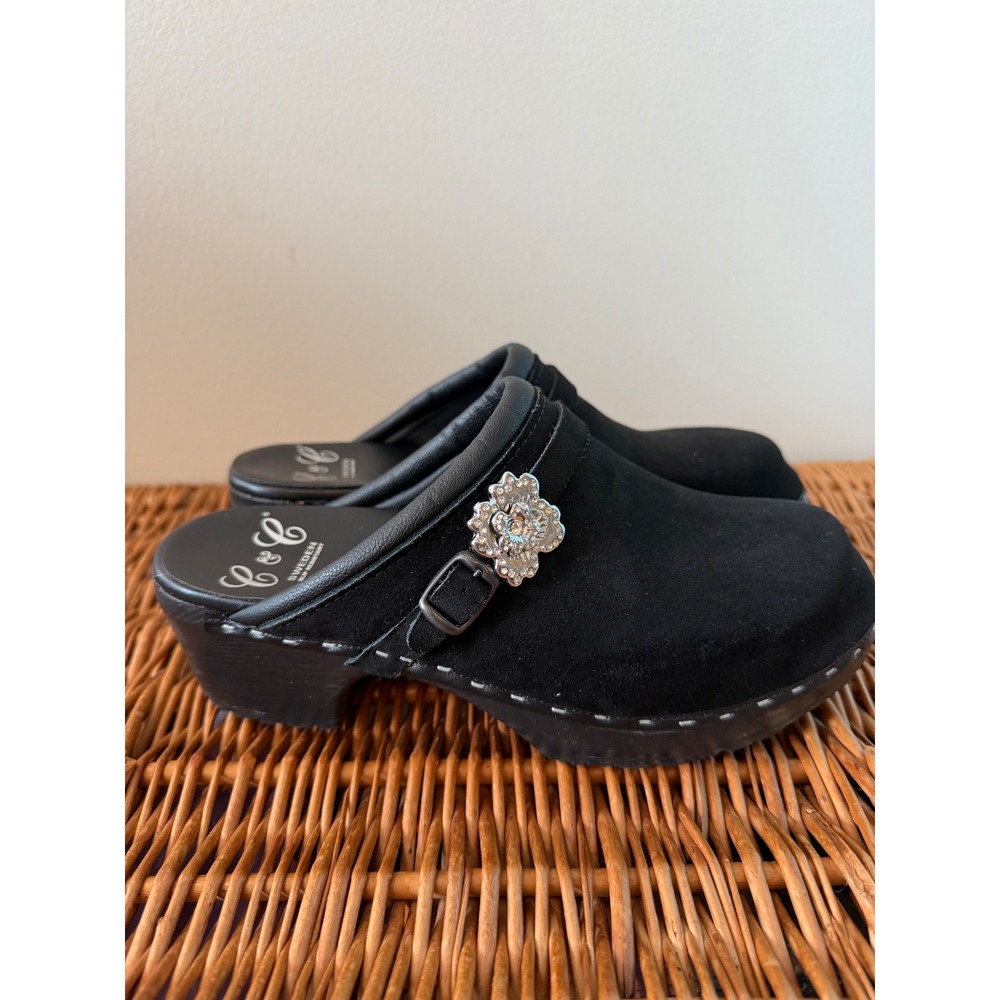 C&C Sweden Black Suede Clogs Crystal Flower Buckle Slip Resistant Mules EU 39